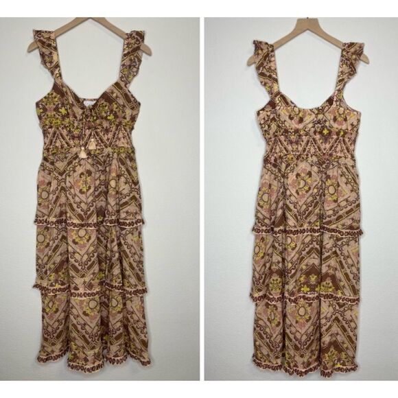 Cleobella Stella Midi Dress in Geo Print Brown Neutral Ruffle Size S / Pristine - Picture 7 of 9